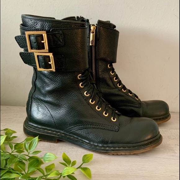 TORY BURCH BLACK LEATHER MOTO BOOTS 9.5 GUC - Picture 1 of 9